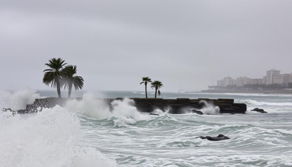A blustery, wind-swept scene in Casablanca during the winter months. In the foreground, churning waves crash against the rocky coastline, sending up plumes of sea spray. Thick, gray clouds obscure the sky, casting a moody, overcast light across the landscape. In the middle ground, palm trees sway and bend under the force of the gusting winds. In the distance, the city's seaside promenade and buildings are partially shrouded in mist, hinting at the chilly, damp conditions. The overall atmosphere conveys the harsh, windswept weather that visitors to Casablanca can expect during the winter season. MyVisitMorocco