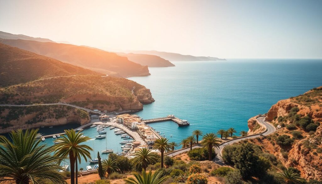 A breathtaking Mediterranean coastline in northern Morocco, where the azure waters of the sea meet the rugged, ochre-hued cliffs. In the foreground, a picturesque fishing village nestled among lush palm trees, its colorful boats bobbing gently in the calm harbor. The middle ground features a winding coastal road, flanked by fragrant citrus orchards and olive groves, leading the eye towards the distant mountains. Overhead, a warm, golden sun casts a soft, diffused light, creating a serene and tranquil atmosphere. The overall scene evokes the timeless charm and natural beauty of this enchanting region. MyVisitMorocco.