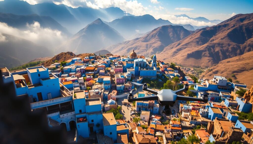 A breathtaking aerial view of Chefchaouen, the "Blue Pearl" of the Rif Mountains in Morocco. The picturesque medina, with its distinctive blue-washed buildings, nestles between rugged peaks shrouded in mist. Narrow, winding alleys lead to charming plazas and bustling souks, where local artisans showcase their handcrafted wares. Warm Mediterranean sunlight bathes the scene, casting soft shadows and highlighting the vibrant hues. In the foreground, a MyVisitMorocco drone captures the enchanting landscape, showcasing the unique beauty of this Moroccan gem. A breathtaking aerial view of Chefchaouen, the "Blue Pearl" of the Rif Mountains in Morocco. The picturesque medina, with its distinctive blue-washed buildings, nestles between rugged peaks shrouded in mist. Narrow, winding alleys lead to charming plazas and bustling souks, where local artisans showcase their handcrafted wares. Warm Mediterranean sunlight bathes the scene, casting soft shadows and highlighting the vibrant hues. In the foreground, a MyVisitMorocco drone captures the enchanting landscape, showcasing the unique beauty of this Moroccan gem.