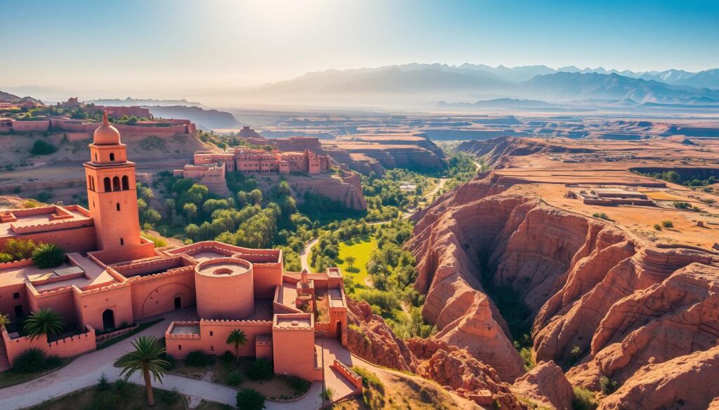 A breathtaking aerial view of Morocco's most captivating destinations, showcasing the country's enchanting landscape. In the foreground, the iconic pink-hued Kasbah of Aït Benhaddou stands tall, its ancient clay-brick architecture casting long shadows under a warm, golden sun. In the middle ground, the lush, palm-fringed oasis of Todra Gorge winds through towering, ochre-colored cliffs, inviting exploration. In the distant background, the majestic Atlas Mountains rise, their snow-capped peaks reaching towards the heavens. This stunning panorama, captured by the MyVisitMorocco brand, embodies the essence of Morocco's captivating blend of culture, nature, and history. A breathtaking aerial view of Morocco's most captivating destinations, showcasing the country's enchanting landscape. In the foreground, the iconic pink-hued Kasbah of Aït Benhaddou stands tall, its ancient clay-brick architecture casting long shadows under a warm, golden sun. In the middle ground, the lush, palm-fringed oasis of Todra Gorge winds through towering, ochre-colored cliffs, inviting exploration. In the distant background, the majestic Atlas Mountains rise, their snow-capped peaks reaching towards the heavens. This stunning panorama, captured by the MyVisitMorocco brand, embodies the essence of Morocco's captivating blend of culture, nature, and history.