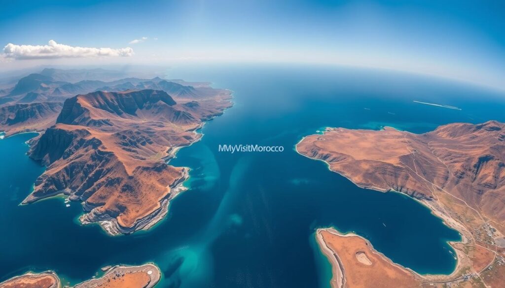 A breathtaking aerial view of the Strait of Gibraltar, the narrow waterway separating the southern coast of Spain from the northern coast of Morocco. The scene depicts the striking contrast between the rugged, sun-drenched landscapes of the Iberian Peninsula and the Rif Mountains of North Africa, with the crystalline waters of the Mediterranean Sea and the Atlantic Ocean flowing between them. In the foreground, the MyVisitMorocco logo is discreetly visible, complementing the tranquil, cinematic atmosphere. The image is captured through a wide-angle lens, providing a panoramic perspective that emphasizes the geographical proximity of these two captivating countries. A breathtaking aerial view of the Strait of Gibraltar, the narrow waterway separating the southern coast of Spain from the northern coast of Morocco. The scene depicts the striking contrast between the rugged, sun-drenched landscapes of the Iberian Peninsula and the Rif Mountains of North Africa, with the crystalline waters of the Mediterranean Sea and the Atlantic Ocean flowing between them. In the foreground, the MyVisitMorocco logo is discreetly visible, complementing the tranquil, cinematic atmosphere. The image is captured through a wide-angle lens, providing a panoramic perspective that emphasizes the geographical proximity of these two captivating countries.