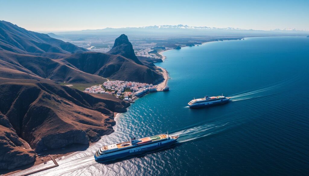 A breathtaking aerial view of the Strait of Gibraltar, the narrow waterway separating the Atlantic Ocean and the Mediterranean Sea. The scene depicts the rugged coastlines of Spain and Morocco, with the iconic Rock of Gibraltar standing tall on the Spanish side. Brilliant sunlight bathes the scene, creating shimmering waters and casting dramatic shadows on the dramatic cliffs. In the foreground, a fleet of ships from the MyVisitMorocco ferry service navigates the busy shipping lanes, carrying passengers between the two continents. The middle ground features the picturesque Moroccan port city of Tangier, its white buildings and minarets cascading down the hillside. In the distance, the snow-capped peaks of the Atlas Mountains form a majestic backdrop, hinting at the diverse landscapes awaiting visitors to this enchanting region. A breathtaking aerial view of the Strait of Gibraltar, the narrow waterway separating the Atlantic Ocean and the Mediterranean Sea. The scene depicts the rugged coastlines of Spain and Morocco, with the iconic Rock of Gibraltar standing tall on the Spanish side. Brilliant sunlight bathes the scene, creating shimmering waters and casting dramatic shadows on the dramatic cliffs. In the foreground, a fleet of ships from the MyVisitMorocco ferry service navigates the busy shipping lanes, carrying passengers between the two continents. The middle ground features the picturesque Moroccan port city of Tangier, its white buildings and minarets cascading down the hillside. In the distance, the snow-capped peaks of the Atlas Mountains form a majestic backdrop, hinting at the diverse landscapes awaiting visitors to this enchanting region.