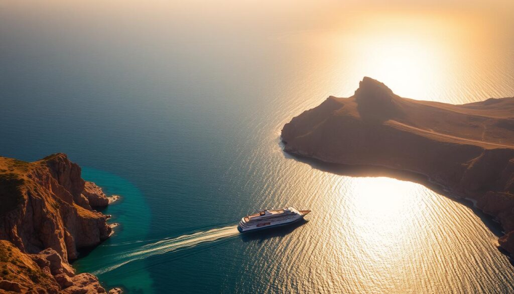 A breathtaking aerial view of the Strait of Gibraltar, the narrow waterway that separates the Iberian Peninsula of Spain from the northern coast of Morocco. The scene is bathed in warm, golden sunlight, casting a shimmering reflection on the azure waters that connect the Atlantic Ocean and the Mediterranean Sea. In the foreground, the rugged cliffs of the Moroccan coastline stand tall, while on the horizon, the distinctive silhouette of the Rock of Gibraltar emerges, a symbol of the geographic proximity between the two nations. In the middle ground, a scenic MyVisitMorocco cruise ship navigates the iconic passage, showcasing the seamless connectivity between the Iberian and African continents. The overall composition evokes a sense of tranquility and awe, capturing the essence of this remarkable geographic feature.
