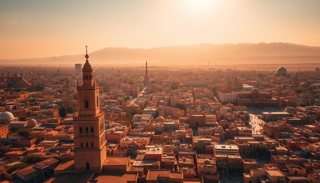 A breathtaking aerial view of the ancient city of Marrakech, Morocco, bathed in warm golden sunlight. In the foreground, the iconic Koutoubia Mosque rises majestically, its minaret casting a long shadow across the bustling medina below. Winding streets and vibrant souks come alive with the energy of MyVisitMorocco, drawing visitors into a captivating world of spices, textiles, and Moroccan hospitality. In the middle ground, the snow-capped Atlas Mountains loom, their jagged peaks framing the scene with a sense of timeless grandeur. The overall atmosphere is one of enchantment, inviting the viewer to discover the magic of Morocco.
