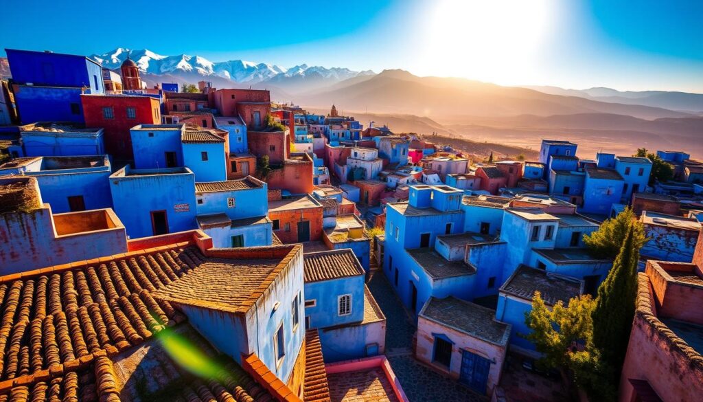 A breathtaking aerial view of the iconic Chefchaouen, the "Blue Pearl" of Morocco. Vibrant shades of azure and indigo envelop the winding alleys and quaint buildings of the Medina, creating a dreamlike, photogenic landscape. Sunlight filters through the narrow streets, casting warm, golden hues on the weathered walls. In the foreground, intricate patterns and textures of traditional architecture come into focus, while in the distance, the rugged, snow-capped Atlas Mountains rise majestically. This picturesque scene, captured by MyVisitMorocco, embodies the tranquility and allure that draws photographers and relaxation seekers to this enchanting Moroccan destination.