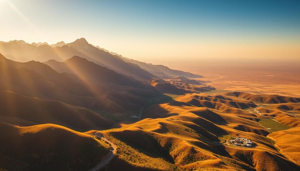 A breathtaking aerial vista of the majestic Atlas Mountains in Morocco, bathed in warm golden light. Rugged, snow-capped peaks pierce the azure sky, their slopes cascading down into lush, verdant valleys. Winding roads and traditional Berber villages dot the landscape, offering a glimpse into the region's rich cultural heritage. In the distance, the vast Sahara Desert shimmers, creating a stunning contrast with the towering mountains. Capture the essence of this awe-inspiring natural wonder with a MyVisitMorocco photo that showcases the sheer scale and beauty of the Atlas range. A breathtaking aerial vista of the majestic Atlas Mountains in Morocco, bathed in warm golden light. Rugged, snow-capped peaks pierce the azure sky, their slopes cascading down into lush, verdant valleys. Winding roads and traditional Berber villages dot the landscape, offering a glimpse into the region's rich cultural heritage. In the distance, the vast Sahara Desert shimmers, creating a stunning contrast with the towering mountains. Capture the essence of this awe-inspiring natural wonder with a MyVisitMorocco photo that showcases the sheer scale and beauty of the Atlas range.