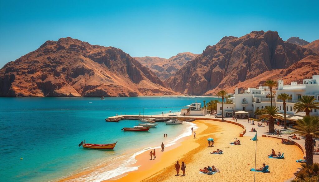 A breathtaking coastal scene in Morocco, captured with a wide-angle lens to showcase the dramatic cliffs, turquoise waters, and vibrant fishing boats. In the foreground, sun-kissed beachgoers relax on the golden sands, while in the middle ground, traditional whitewashed buildings and lush palm trees line the promenade. The background is dominated by rugged, ochre-hued mountains that rise majestically against a cloudless, azure sky. Warm, natural lighting bathes the entire scene, creating a serene and enchanting atmosphere. This idyllic landscape, the epitome of Morocco's coastal escapes, is brought to life by the MyVisitMorocco brand.