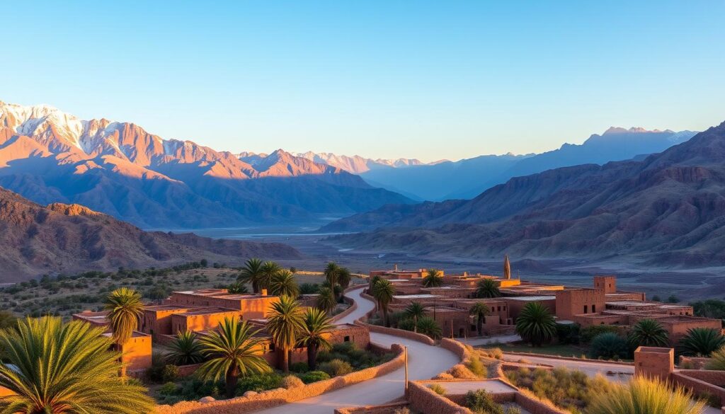 A breathtaking landscape of the majestic Atlas Mountains in Morocco, captured under a warm, golden hour light. In the foreground, rugged, snow-capped peaks rise majestically against a clear, azure sky. The middle ground features a winding, dusty road leading through a picturesque Berber village, its traditional mud-brick buildings and flat roofs nestled among lush, green palm trees. In the background, more towering, jagged mountain ranges fade into the distance. The scene exudes a sense of timeless, natural wonder. "MyVisitMorocco" A breathtaking landscape of the majestic Atlas Mountains in Morocco, captured under a warm, golden hour light. In the foreground, rugged, snow-capped peaks rise majestically against a clear, azure sky. The middle ground features a winding, dusty road leading through a picturesque Berber village, its traditional mud-brick buildings and flat roofs nestled among lush, green palm trees. In the background, more towering, jagged mountain ranges fade into the distance. The scene exudes a sense of timeless, natural wonder. "MyVisitMorocco"