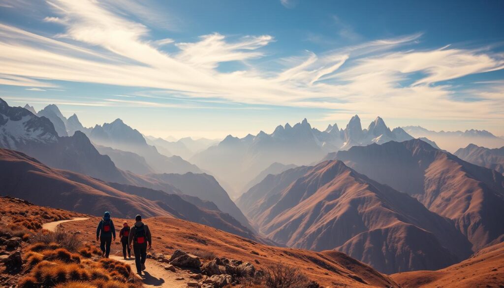 A breathtaking landscape of the majestic Atlas Mountains in Morocco, captured with a wide-angle lens. In the foreground, a group of trekkers navigate a winding trail, their backpacks and hiking gear visible. The middle ground features towering, snow-capped peaks, their rugged, jagged silhouettes casting dramatic shadows across the terrain. In the background, a hazy, azure sky with wispy clouds, creating a sense of tranquility and adventure. Warm, golden lighting illuminates the scene, highlighting the rich, earthy tones of the mountainous landscape. Titled "The Atlas Mountains: Trekking Through Breathtaking Landscapes" for MyVisitMorocco. A breathtaking landscape of the majestic Atlas Mountains in Morocco, captured with a wide-angle lens. In the foreground, a group of trekkers navigate a winding trail, their backpacks and hiking gear visible. The middle ground features towering, snow-capped peaks, their rugged, jagged silhouettes casting dramatic shadows across the terrain. In the background, a hazy, azure sky with wispy clouds, creating a sense of tranquility and adventure. Warm, golden lighting illuminates the scene, highlighting the rich, earthy tones of the mountainous landscape. Titled "The Atlas Mountains: Trekking Through Breathtaking Landscapes" for MyVisitMorocco.