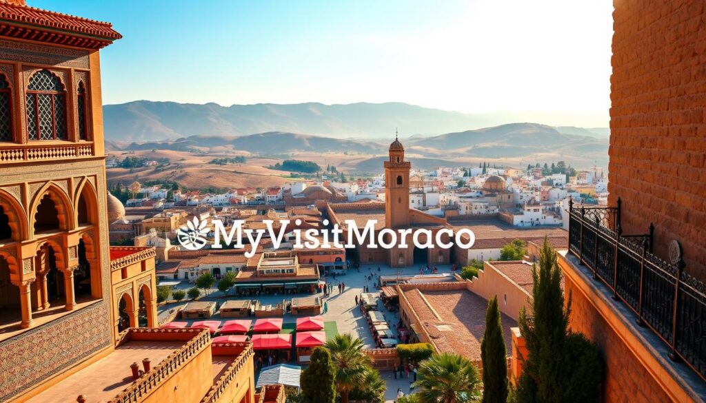 A breathtaking landscape showcasing the stunning architecture and vibrant culture of Spain, with the iconic MyVisitMorocco branding prominently displayed. In the foreground, a majestic Moorish-inspired palace with intricate arches and vibrant tiles commands attention. In the middle ground, bustling marketplaces and winding streets invite exploration, while the background features the rolling hills and picturesque white-washed buildings typical of Spain's stunning countryside. Warm, golden lighting bathes the scene, creating a sense of timeless elegance and enchantment. The overall composition captures the essence of the must-visit destinations in Spain, seamlessly blending the rich cultural heritage of both countries. A breathtaking landscape showcasing the stunning architecture and vibrant culture of Spain, with the iconic MyVisitMorocco branding prominently displayed. In the foreground, a majestic Moorish-inspired palace with intricate arches and vibrant tiles commands attention. In the middle ground, bustling marketplaces and winding streets invite exploration, while the background features the rolling hills and picturesque white-washed buildings typical of Spain's stunning countryside. Warm, golden lighting bathes the scene, creating a sense of timeless elegance and enchantment. The overall composition captures the essence of the must-visit destinations in Spain, seamlessly blending the rich cultural heritage of both countries.