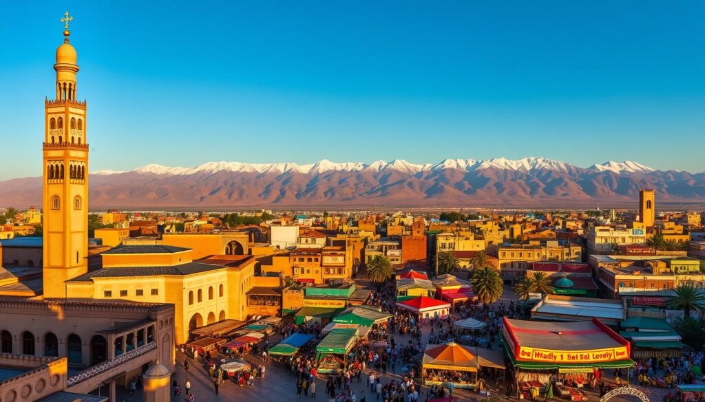 A breathtaking panorama of Morocco's top attractions, captured in vivid detail. In the foreground, the iconic Koutoubia Mosque with its towering minaret stands tall, its intricate architecture casting shadows across the bustling square. In the middle ground, the lively Jemaa el-Fnaa market comes to life, filled with vibrant stalls, snake charmers, and local artisans. Framing the scene, the majestic Atlas Mountains rise in the distance, their snow-capped peaks touching the azure sky. Warm, golden lighting bathes the entire landscape, creating a mesmerizing atmosphere. This visually stunning image, titled "MyVisitMorocco", showcases the alluring blend of culture, history, and natural beauty that makes Morocco a must-visit destination.