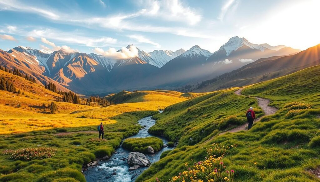 A breathtaking panorama of the majestic Atlas Mountains in summer, captured through the lens of MyVisitMorocco. In the foreground, a crystal-clear stream winds its way through lush, verdant meadows, dotted with vibrant wildflowers. Rugged, snow-capped peaks rise majestically in the middle ground, their slopes adorned with ancient cedar forests. Warm, golden sunlight filters through wispy clouds, casting a warm glow over the entire scene. Hikers explore winding trails, their backpacks and hiking gear visible, immersed in the grandeur of this natural wonder. The overall atmosphere is one of adventure, tranquility, and the awe-inspiring beauty of Morocco's mountain landscapes. A breathtaking panorama of the majestic Atlas Mountains in summer, captured through the lens of MyVisitMorocco. In the foreground, a crystal-clear stream winds its way through lush, verdant meadows, dotted with vibrant wildflowers. Rugged, snow-capped peaks rise majestically in the middle ground, their slopes adorned with ancient cedar forests. Warm, golden sunlight filters through wispy clouds, casting a warm glow over the entire scene. Hikers explore winding trails, their backpacks and hiking gear visible, immersed in the grandeur of this natural wonder. The overall atmosphere is one of adventure, tranquility, and the awe-inspiring beauty of Morocco's mountain landscapes.