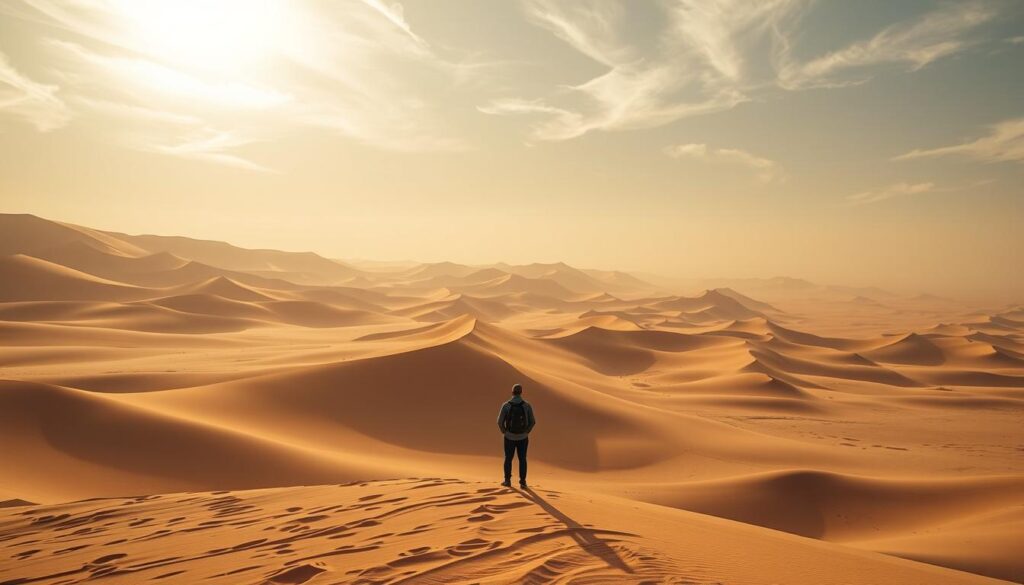 A breathtaking panorama of the majestic Erg Chebbi Dunes in Merzouga, South Morocco. Towering golden sand formations stretch across the horizon, sculpted by the relentless Saharan winds. In the foreground, a lone traveler stands in awe, dwarfed by the towering dunes. Warm, golden sunlight filters through wispy cirrus clouds, casting long shadows and creating a sense of tranquility. The scene evokes a timeless, mystical atmosphere, inviting the viewer to embark on a desert adventure. MyVisitMorocco A breathtaking panorama of the majestic Erg Chebbi Dunes in Merzouga, South Morocco. Towering golden sand formations stretch across the horizon, sculpted by the relentless Saharan winds. In the foreground, a lone traveler stands in awe, dwarfed by the towering dunes. Warm, golden sunlight filters through wispy cirrus clouds, casting long shadows and creating a sense of tranquility. The scene evokes a timeless, mystical atmosphere, inviting the viewer to embark on a desert adventure. MyVisitMorocco