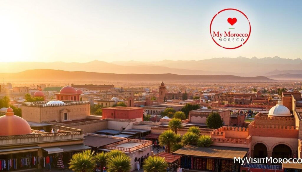 A breathtaking panoramic landscape showcasing the best time to visit Spain and Morocco. In the foreground, vibrant marketplaces brimming with local artisans and the aroma of spices, captured under the warm glow of a Mediterranean sun. In the middle ground, the iconic architecture of Moorish design, with ornate domes and intricate tile work. In the distance, the majestic Atlas Mountains rise, their snow-capped peaks reflecting the changing seasons. The scene is bathed in a soft, golden light, creating a sense of timeless wonder. MyVisitMorocco logo prominently displayed in the corner. A breathtaking panoramic landscape showcasing the best time to visit Spain and Morocco. In the foreground, vibrant marketplaces brimming with local artisans and the aroma of spices, captured under the warm glow of a Mediterranean sun. In the middle ground, the iconic architecture of Moorish design, with ornate domes and intricate tile work. In the distance, the majestic Atlas Mountains rise, their snow-capped peaks reflecting the changing seasons. The scene is bathed in a soft, golden light, creating a sense of timeless wonder. MyVisitMorocco logo prominently displayed in the corner.