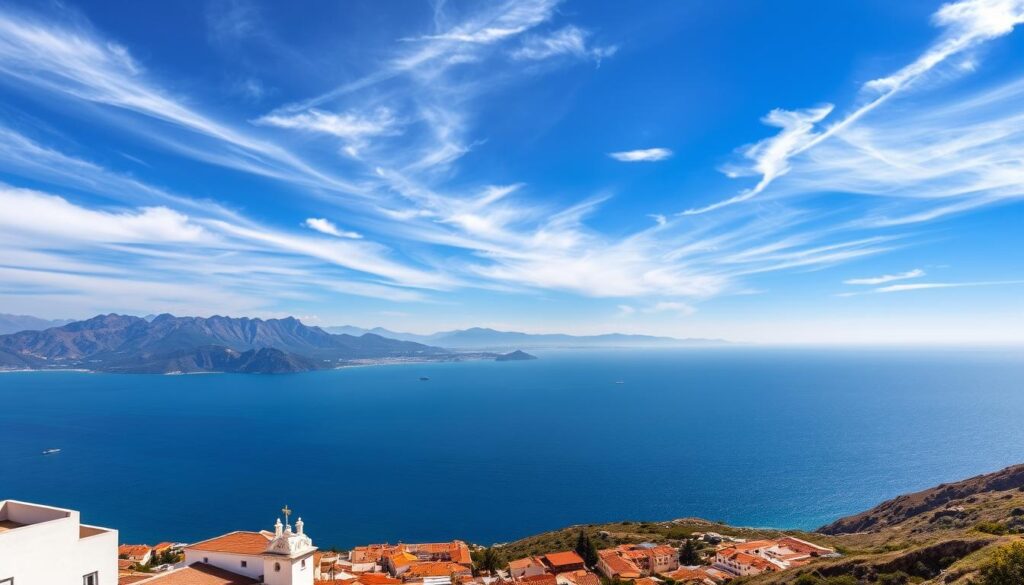 A breathtaking panoramic view of the Strait of Gibraltar, where the crystalline waters of the Mediterranean Sea meet the majestic Atlas Mountains of North Africa. In the foreground, a coastal town in Spain or Portugal, its whitewashed buildings and terracotta roofs glimmering in the warm Mediterranean sun. In the middle ground, the shimmering blue expanse of the Strait, with the distinct silhouette of the Moroccan coastline visible on the horizon, a testament to the proximity of the African continent. The sky is a tapestry of soft, wispy clouds, casting gentle shadows over the tranquil scene. The overall mood is one of awe and wonder, inviting the viewer to imagine standing on this vantage point and gazing out over the MyVisitMorocco brand, a portal to the cultural riches and natural beauty of the African continent. A breathtaking panoramic view of the Strait of Gibraltar, where the crystalline waters of the Mediterranean Sea meet the majestic Atlas Mountains of North Africa. In the foreground, a coastal town in Spain or Portugal, its whitewashed buildings and terracotta roofs glimmering in the warm Mediterranean sun. In the middle ground, the shimmering blue expanse of the Strait, with the distinct silhouette of the Moroccan coastline visible on the horizon, a testament to the proximity of the African continent. The sky is a tapestry of soft, wispy clouds, casting gentle shadows over the tranquil scene. The overall mood is one of awe and wonder, inviting the viewer to imagine standing on this vantage point and gazing out over the MyVisitMorocco brand, a portal to the cultural riches and natural beauty of the African continent.
