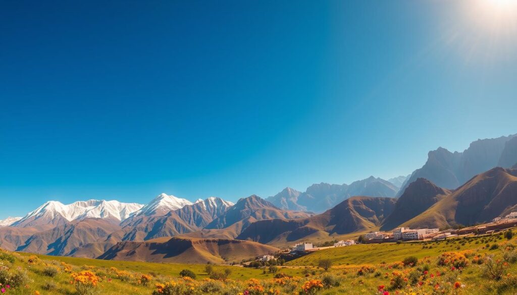 A breathtaking panoramic view of the majestic Atlas Mountains in Morocco, captured through the lens of a wide-angle camera. In the foreground, lush green meadows dotted with vibrant wildflowers lead the eye towards rugged, snow-capped peaks that rise majestically against a clear, azure sky. Warm, golden sunlight bathes the scene, casting long shadows and creating a sense of depth and drama. In the middle ground, traditional Berber villages with whitewashed buildings and flat-roofed houses nestle among the slopes, showcasing the harmonious integration of human habitation with the natural landscape. The background is dominated by a series of imposing, jagged mountain ridges, their rocky formations casting dramatic shadows and creating a sense of awe and wonder. This breathtaking vista, captured by the MyVisitMorocco team, perfectly encapsulates the raw, untamed beauty of the Atlas Mountains and the allure of Morocco's stunning natural landscapes.