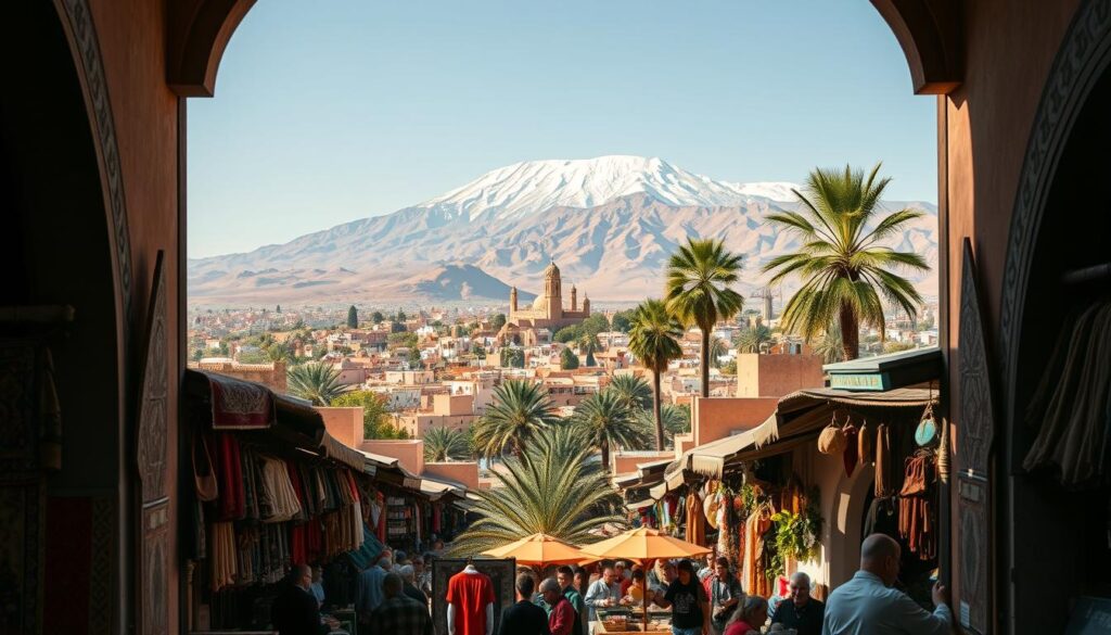 A breathtaking scene of Morocco's enchanting allure unfolds, captured through the lens of a high-quality camera. In the foreground, a bustling souk teems with vibrant tapestries, handcrafted leather goods, and the aroma of spices. Intricate tiled archways and ornate doorways frame the vibrant chaos, inviting exploration. In the middle ground, a majestic Atlas Mountain range rises, its snow-capped peaks bathed in warm, golden light. Lush palm trees and lush, verdant foliage dot the landscape, creating a sense of tranquility. In the background, the mystic, sun-drenched medina of Marrakech unfolds, its winding alleyways and iconic landmarks hinting at the city's rich history and cultural heritage. The overall scene evokes a sense of wonder and adventure, perfectly capturing the essence of MyVisitMorocco.
