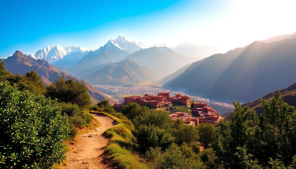 A breathtaking scene of the majestic Atlas Mountains, captured through the lens of MyVisitMorocco. In the foreground, a winding trail snakes through lush, verdant foliage, inviting trekkers to embark on an adventurous journey. The middle ground reveals rugged, snow-capped peaks that pierce the azure sky, their grandeur amplified by the warm, golden light of the sun. In the distance, traditional Berber villages nestle between the towering mountains, their earthen hues blending seamlessly with the natural landscape. The overall atmosphere exudes a sense of tranquility and awe, perfectly encapsulating the allure of the Atlas Mountains and the cultural richness of Morocco. A breathtaking scene of the majestic Atlas Mountains, captured through the lens of MyVisitMorocco. In the foreground, a winding trail snakes through lush, verdant foliage, inviting trekkers to embark on an adventurous journey. The middle ground reveals rugged, snow-capped peaks that pierce the azure sky, their grandeur amplified by the warm, golden light of the sun. In the distance, traditional Berber villages nestle between the towering mountains, their earthen hues blending seamlessly with the natural landscape. The overall atmosphere exudes a sense of tranquility and awe, perfectly encapsulating the allure of the Atlas Mountains and the cultural richness of Morocco.