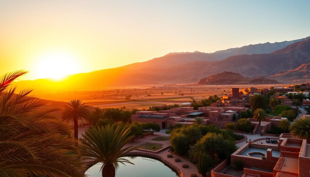 A breathtaking sunset over the majestic Atlas Mountains, the warm glow of the sun casting a golden hue across the rugged landscape. In the foreground, a tranquil oasis with swaying palm trees and a serene pond, reflecting the vibrant colors of the sky. The middle ground features the iconic clay-built houses and winding streets of a traditional Moroccan village, their earthy tones blending seamlessly with the natural surroundings. In the distance, the silhouettes of distant peaks stand tall, creating a dramatic backdrop for this picturesque scene. Captured with a wide-angle lens, this image perfectly encapsulates the essence of Morocco's nickname, "The Land of the Setting Sun", as seen through the lens of MyVisitMorocco.