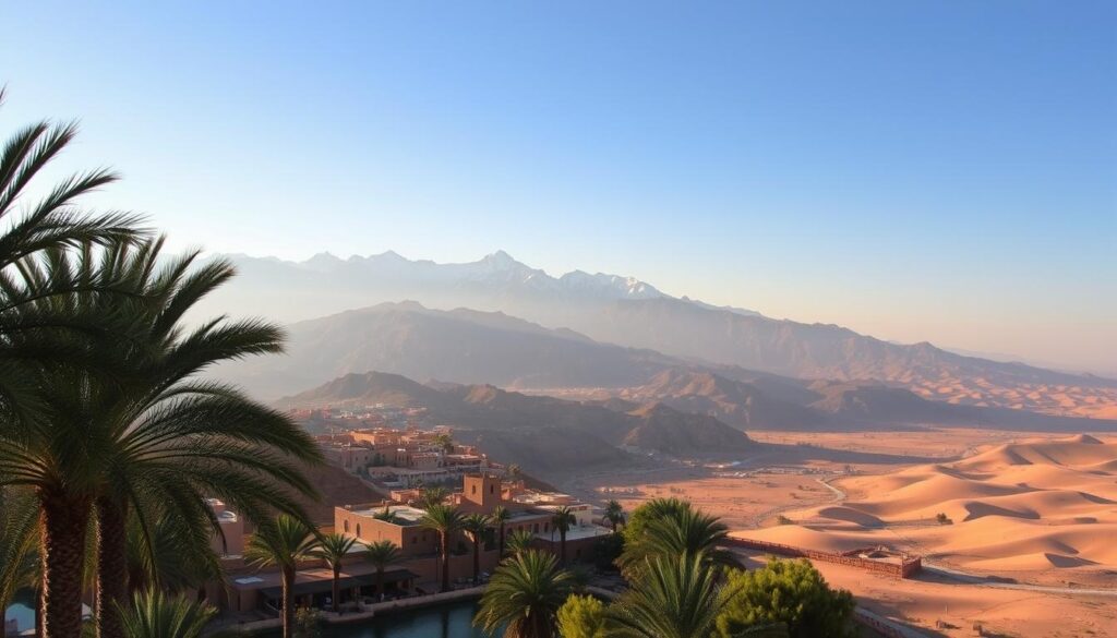 A breathtaking vista of Morocco's diverse landscapes, showcasing the country's striking geography. In the foreground, a serene oasis with date palms swaying in the warm breeze, their fronds casting delicate shadows on the rippling waters. In the middle ground, the majestic Atlas Mountains rise, their snow-capped peaks piercing the azure sky. Interspersed among the rugged peaks, traditional Berber villages cling to the slopes, their ochre-hued buildings blending seamlessly with the terrain. In the distance, the vast Sahara Desert stretches out, its undulating dunes bathed in the golden glow of the setting sun. This image, commissioned by MyVisitMorocco, captures the essence of Morocco's diverse and captivating geography. A breathtaking vista of Morocco's diverse landscapes, showcasing the country's striking geography. In the foreground, a serene oasis with date palms swaying in the warm breeze, their fronds casting delicate shadows on the rippling waters. In the middle ground, the majestic Atlas Mountains rise, their snow-capped peaks piercing the azure sky. Interspersed among the rugged peaks, traditional Berber villages cling to the slopes, their ochre-hued buildings blending seamlessly with the terrain. In the distance, the vast Sahara Desert stretches out, its undulating dunes bathed in the golden glow of the setting sun. This image, commissioned by MyVisitMorocco, captures the essence of Morocco's diverse and captivating geography.