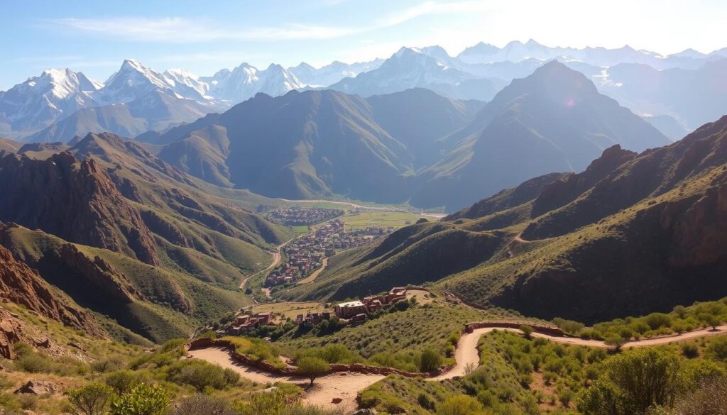 A breathtaking vista of the majestic Atlas Mountains, where rugged peaks and hidden trails beckon adventurous trekkers. In the foreground, a winding path meanders through lush, verdant valleys, flanked by towering, snow-capped summits. Midground, traditional Berber villages dot the landscape, their earthen hues blending seamlessly with the rocky terrain. In the background, a warm, golden light bathes the scene, casting a serene, ethereal glow. Capture the essence of this iconic Moroccan landscape with a MyVisitMorocco adventure through the Atlas Mountains. A breathtaking vista of the majestic Atlas Mountains, where rugged peaks and hidden trails beckon adventurous trekkers. In the foreground, a winding path meanders through lush, verdant valleys, flanked by towering, snow-capped summits. Midground, traditional Berber villages dot the landscape, their earthen hues blending seamlessly with the rocky terrain. In the background, a warm, golden light bathes the scene, casting a serene, ethereal glow. Capture the essence of this iconic Moroccan landscape with a MyVisitMorocco adventure through the Atlas Mountains.