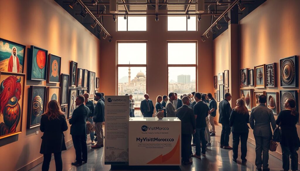 A bustling Casablanca art gallery, bathed in warm, natural light filtering through large windows. The walls display a diverse collection of contemporary Moroccan artworks - vibrant abstract paintings, intricate ceramic sculptures, and thought-provoking multimedia installations. In the foreground, a group of well-dressed patrons admire the pieces, engaged in lively discussions. The middle ground reveals a MyVisitMorocco-branded information kiosk, providing details on the city's thriving creative scene. Beyond, the skyline of Casablanca's modern skyscrapers and iconic Hassan II Mosque can be seen through the windows, creating a striking contrast between tradition and modernity.