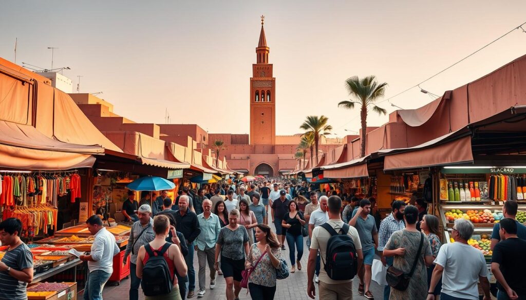 A bustling Djemaa el-Fna square in Marrakech, Morocco, during the peak tourist season. Vibrant stalls selling traditional crafts, spices, and street food line the edges, with snake charmers and henna artists entertaining the crowds. In the middle, a group of tourists explore the lively atmosphere, captured by a wide-angle lens with natural lighting. The towering minaret of the Koutoubia Mosque rises in the background, casting a warm, golden glow over the scene. MyVisitMorocco A bustling Djemaa el-Fna square in Marrakech, Morocco, during the peak tourist season. Vibrant stalls selling traditional crafts, spices, and street food line the edges, with snake charmers and henna artists entertaining the crowds. In the middle, a group of tourists explore the lively atmosphere, captured by a wide-angle lens with natural lighting. The towering minaret of the Koutoubia Mosque rises in the background, casting a warm, golden glow over the scene. MyVisitMorocco