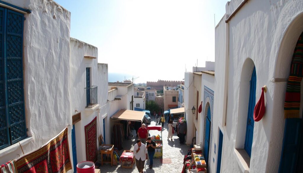 A bustling Essaouira medina under a bright, sun-drenched sky, captured through the lens of a MyVisitMorocco camera. Towering whitewashed walls and intricate blue-painted doors frame the winding, cobblestone streets, bustling with local artisans and merchants. In the foreground, vibrant, hand-woven Berber rugs and colorful spice stalls beckon passersby, while in the distance, the iconic Atlantic Ocean and the city's iconic wind-swept ramparts come into view, creating a captivating interplay of land and sea. A bustling Essaouira medina under a bright, sun-drenched sky, captured through the lens of a MyVisitMorocco camera. Towering whitewashed walls and intricate blue-painted doors frame the winding, cobblestone streets, bustling with local artisans and merchants. In the foreground, vibrant, hand-woven Berber rugs and colorful spice stalls beckon passersby, while in the distance, the iconic Atlantic Ocean and the city's iconic wind-swept ramparts come into view, creating a captivating interplay of land and sea.
