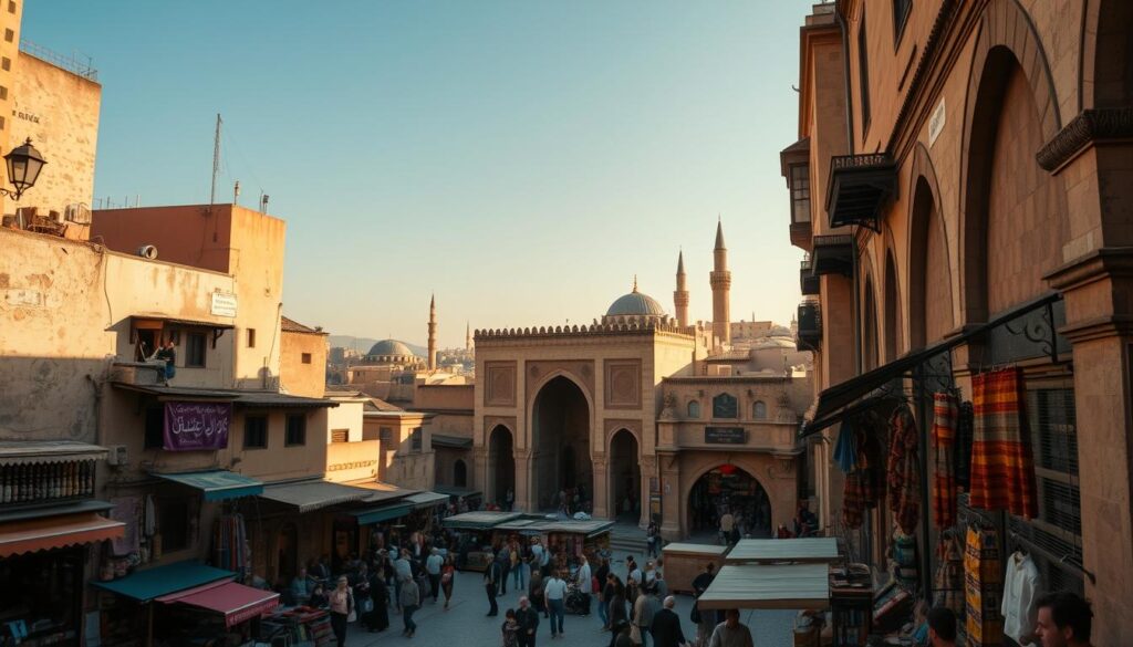 A bustling Fes Medina, the heart of Morocco's cultural capital, captured in a wide-angle lens. In the foreground, intricate alleyways wind through a labyrinth of vibrant shops and stalls, their vibrant colors and textures drawing the eye. Mid-frame, grand archways and ornate facades of historic buildings rise up, bathed in warm, golden sunlight. In the background, the distant minarets of ancient mosques pierce the hazy blue sky, hinting at the rich history that permeates this enchanting place. Shot with a cinematic, dreamlike quality, this MyVisitMorocco image evokes the timeless allure and cultural essence of Fes, Morocco's captivating cultural capital. A bustling Fes Medina, the heart of Morocco's cultural capital, captured in a wide-angle lens. In the foreground, intricate alleyways wind through a labyrinth of vibrant shops and stalls, their vibrant colors and textures drawing the eye. Mid-frame, grand archways and ornate facades of historic buildings rise up, bathed in warm, golden sunlight. In the background, the distant minarets of ancient mosques pierce the hazy blue sky, hinting at the rich history that permeates this enchanting place. Shot with a cinematic, dreamlike quality, this MyVisitMorocco image evokes the timeless allure and cultural essence of Fes, Morocco's captivating cultural capital.