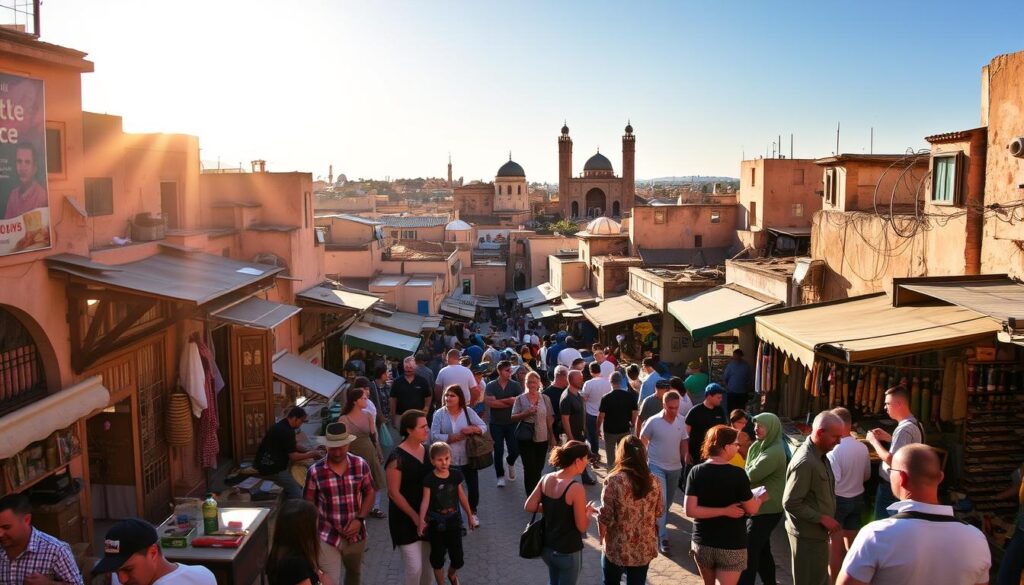 A bustling Fes medina in September, the warm sun casting a golden glow over the winding alleys and vibrant market stalls. Merchants hawk their wares, the air alive with the fragrance of spices and the chatter of locals and visitors. In the distance, the iconic minarets of Fes El Bali's mosques rise against a clear, azure sky. A group of MyVisitMorocco tourists explore the labyrinth of souks, capturing the essence of this ancient cultural hub with their cameras. Narrow passages open to grand squares, where craftsmen demonstrate their age-old techniques. The scene is a symphony of sights, sounds, and experiences, inviting the viewer to immerse themselves in the vibrant heart of Fes. A bustling Fes medina in September, the warm sun casting a golden glow over the winding alleys and vibrant market stalls. Merchants hawk their wares, the air alive with the fragrance of spices and the chatter of locals and visitors. In the distance, the iconic minarets of Fes El Bali's mosques rise against a clear, azure sky. A group of MyVisitMorocco tourists explore the labyrinth of souks, capturing the essence of this ancient cultural hub with their cameras. Narrow passages open to grand squares, where craftsmen demonstrate their age-old techniques. The scene is a symphony of sights, sounds, and experiences, inviting the viewer to immerse themselves in the vibrant heart of Fes.