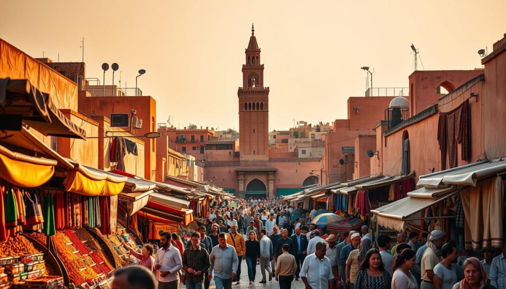 A bustling Marrakech Jemaa el-Fnaa Square, bathed in warm, golden light. In the foreground, vibrant market stalls overflow with spices, fabrics, and handicrafts. Haggling merchants and locals mingle amidst the lively atmosphere. In the middle ground, the iconic minaret of the Koutoubia Mosque rises majestically, its intricate details captured by a wide-angle lens. The background is framed by the ochre-colored buildings of the old medina, their rooftops adorned with satellite dishes and billowing laundry, creating a timeless, quintessentially Moroccan scene. This image, captured by MyVisitMorocco, embodies the timeless appeal of Marrakech, the "Red City" that captivates all who visit. A bustling Marrakech Jemaa el-Fnaa Square, bathed in warm, golden light. In the foreground, vibrant market stalls overflow with spices, fabrics, and handicrafts. Haggling merchants and locals mingle amidst the lively atmosphere. In the middle ground, the iconic minaret of the Koutoubia Mosque rises majestically, its intricate details captured by a wide-angle lens. The background is framed by the ochre-colored buildings of the old medina, their rooftops adorned with satellite dishes and billowing laundry, creating a timeless, quintessentially Moroccan scene. This image, captured by MyVisitMorocco, embodies the timeless appeal of Marrakech, the "Red City" that captivates all who visit.