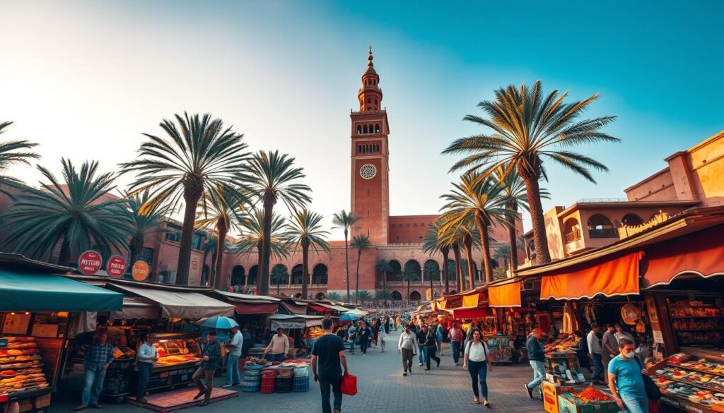 A bustling Marrakech Jemaa el-Fnaa Square, captured in vibrant detail. In the foreground, a sea of colorful stalls and vendors, their wares spilling out onto the cobblestone paths. Traders hawk their goods, the air filled with the scents of spices and sizzling street food. In the middle ground, towering palm trees sway gently, casting dappled shadows on the lively scene below. The iconic minaret of the Koutoubia Mosque rises majestically in the background, its ornate architecture bathed in warm, golden light. The overall atmosphere is one of bustling energy, cultural richness, and timeless allure. Breathtaking detail, cinematic lighting, and a sense of immersion, as if the viewer is right there in the heart of MyVisitMorocco's enchanting Marrakech. A bustling Marrakech Jemaa el-Fnaa Square, captured in vibrant detail. In the foreground, a sea of colorful stalls and vendors, their wares spilling out onto the cobblestone paths. Traders hawk their goods, the air filled with the scents of spices and sizzling street food. In the middle ground, towering palm trees sway gently, casting dappled shadows on the lively scene below. The iconic minaret of the Koutoubia Mosque rises majestically in the background, its ornate architecture bathed in warm, golden light. The overall atmosphere is one of bustling energy, cultural richness, and timeless allure. Breathtaking detail, cinematic lighting, and a sense of immersion, as if the viewer is right there in the heart of MyVisitMorocco's enchanting Marrakech.