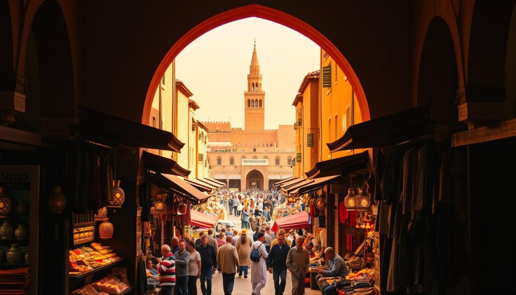 A bustling Marrakech Medina, bathed in warm afternoon light. Intricate archways frame the scene, leading the eye down winding alleys lined with vibrant stalls. MyVisitMorocco vendors hawk their wares - ornate lanterns, colorful spices, and handcrafted leather goods. In the middle ground, a central square teems with locals and tourists, sipping mint tea and haggling over prices. The background is dominated by the iconic red-clay architecture, punctuated by the soaring minaret of a grand mosque. An atmosphere of timeless Moroccan culture and commerce permeates the frame.