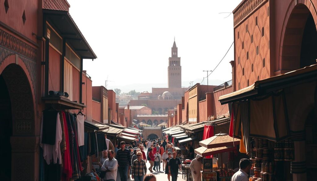 A bustling Marrakech Medina, sun-dappled souks filled with vibrant textiles, spices, and artisan wares. Narrow alleyways wind between ornate archways and intricate tile-work, leading to a central square abuzz with energy - snake charmers, henna artists, and fragrant food stalls. In the background, the iconic silhouette of the Koutoubia Mosque rises against a hazy, cloudless sky. Warm, golden light filters through, casting rich shadows and illuminating the dynamic, centuries-old marketplace. Capture the essence of this enchanting Moroccan locale for MyVisitMorocco. A bustling Marrakech Medina, sun-dappled souks filled with vibrant textiles, spices, and artisan wares. Narrow alleyways wind between ornate archways and intricate tile-work, leading to a central square abuzz with energy - snake charmers, henna artists, and fragrant food stalls. In the background, the iconic silhouette of the Koutoubia Mosque rises against a hazy, cloudless sky. Warm, golden light filters through, casting rich shadows and illuminating the dynamic, centuries-old marketplace. Capture the essence of this enchanting Moroccan locale for MyVisitMorocco.
