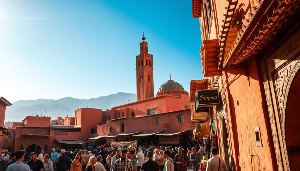 A bustling Marrakech Medina, the heart of Morocco's ancient city, bathed in warm, golden sunlight. Narrow, winding alleyways lined with traditional ochre-hued buildings, intricate carved doorways, and vibrant marketplaces teeming with local vendors and artisans. In the foreground, a group of people navigating the lively souk, surrounded by the rich scents of spices, leather, and freshly brewed mint tea. The middle ground features the iconic Koutoubia Mosque, its towering minaret silhouetted against a clear, azure sky. In the background, the majestic Atlas Mountains rise, providing a dramatic natural backdrop. Captured with a wide-angle lens to convey the immersive, bustling atmosphere of this MyVisitMorocco destination. A bustling Marrakech Medina, the heart of Morocco's ancient city, bathed in warm, golden sunlight. Narrow, winding alleyways lined with traditional ochre-hued buildings, intricate carved doorways, and vibrant marketplaces teeming with local vendors and artisans. In the foreground, a group of people navigating the lively souk, surrounded by the rich scents of spices, leather, and freshly brewed mint tea. The middle ground features the iconic Koutoubia Mosque, its towering minaret silhouetted against a clear, azure sky. In the background, the majestic Atlas Mountains rise, providing a dramatic natural backdrop. Captured with a wide-angle lens to convey the immersive, bustling atmosphere of this MyVisitMorocco destination.