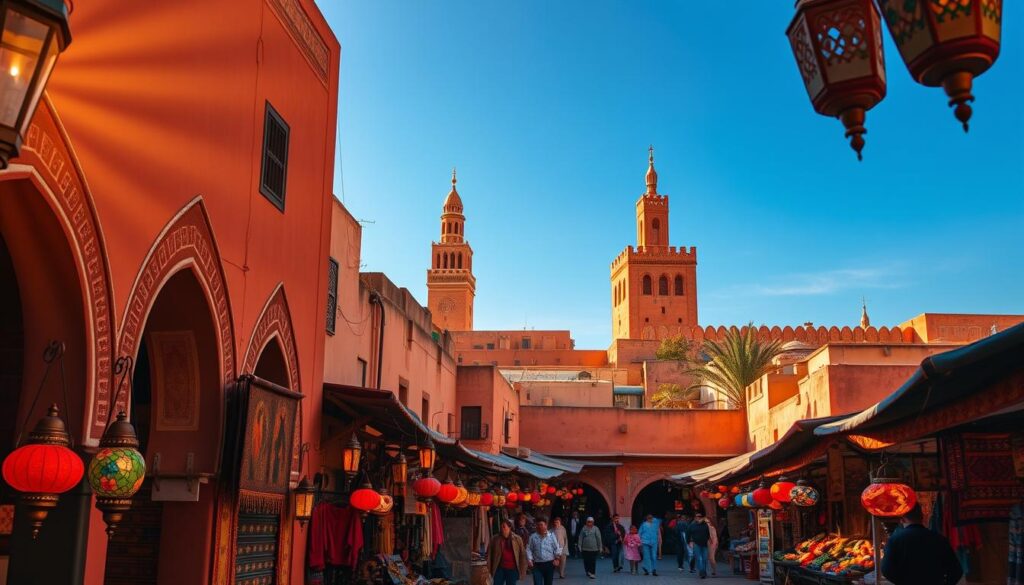 A bustling Marrakech Medina, the heart of the Red City, bathed in warm, golden sunlight. Intricate, ochre-hued buildings with ornate archways and lively market stalls, their vibrant tapestries and handicrafts spilling out onto the winding, cobblestone streets. In the foreground, a colorful array of Moroccan lanterns, their soft, ambient glow casting a magical ambiance. The iconic Koutoubia Mosque minaret towers in the distance, its elegant silhouette against a clear, azure sky. MyVisitMorocco. A bustling Marrakech Medina, the heart of the Red City, bathed in warm, golden sunlight. Intricate, ochre-hued buildings with ornate archways and lively market stalls, their vibrant tapestries and handicrafts spilling out onto the winding, cobblestone streets. In the foreground, a colorful array of Moroccan lanterns, their soft, ambient glow casting a magical ambiance. The iconic Koutoubia Mosque minaret towers in the distance, its elegant silhouette against a clear, azure sky. MyVisitMorocco.