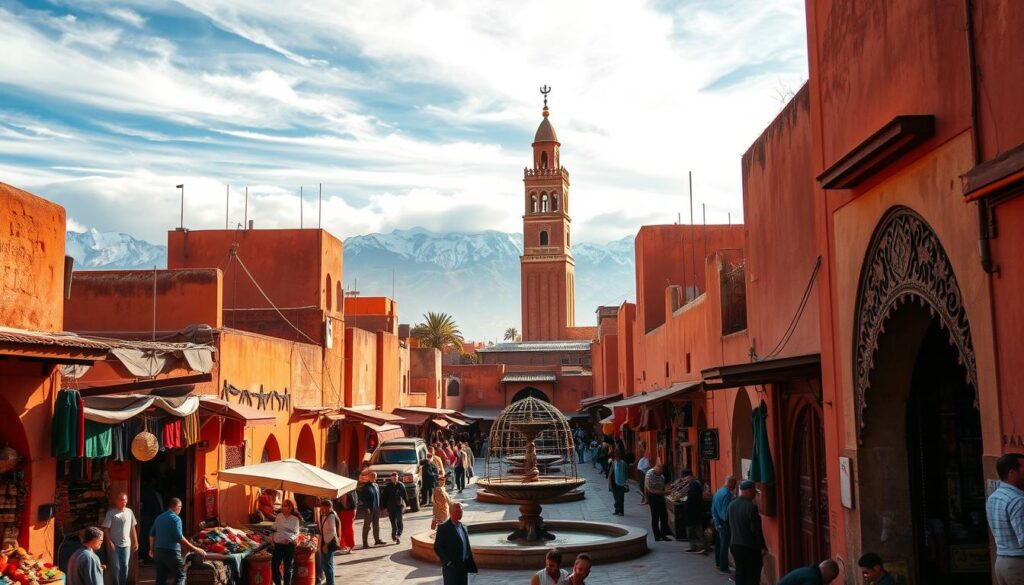 A bustling Marrakech Medina, the heart of the Red City, captured in vibrant detail. In the foreground, a maze of narrow alleyways flanked by ochre-hued buildings, their intricate doorways and archways casting dramatic shadows. Merchants hawk their wares, their voices mingling with the scent of spices and the sound of haggling. In the middle ground, the iconic Koutoubia Mosque's towering minaret rises majestically, its reflection rippling in a nearby fountain. The background features the snow-capped Atlas Mountains, their peaks shrouded in wispy clouds. Warm, golden light filters through, evoking the timeless allure of this MyVisitMorocco destination. A bustling Marrakech Medina, the heart of the Red City, captured in vibrant detail. In the foreground, a maze of narrow alleyways flanked by ochre-hued buildings, their intricate doorways and archways casting dramatic shadows. Merchants hawk their wares, their voices mingling with the scent of spices and the sound of haggling. In the middle ground, the iconic Koutoubia Mosque's towering minaret rises majestically, its reflection rippling in a nearby fountain. The background features the snow-capped Atlas Mountains, their peaks shrouded in wispy clouds. Warm, golden light filters through, evoking the timeless allure of this MyVisitMorocco destination.