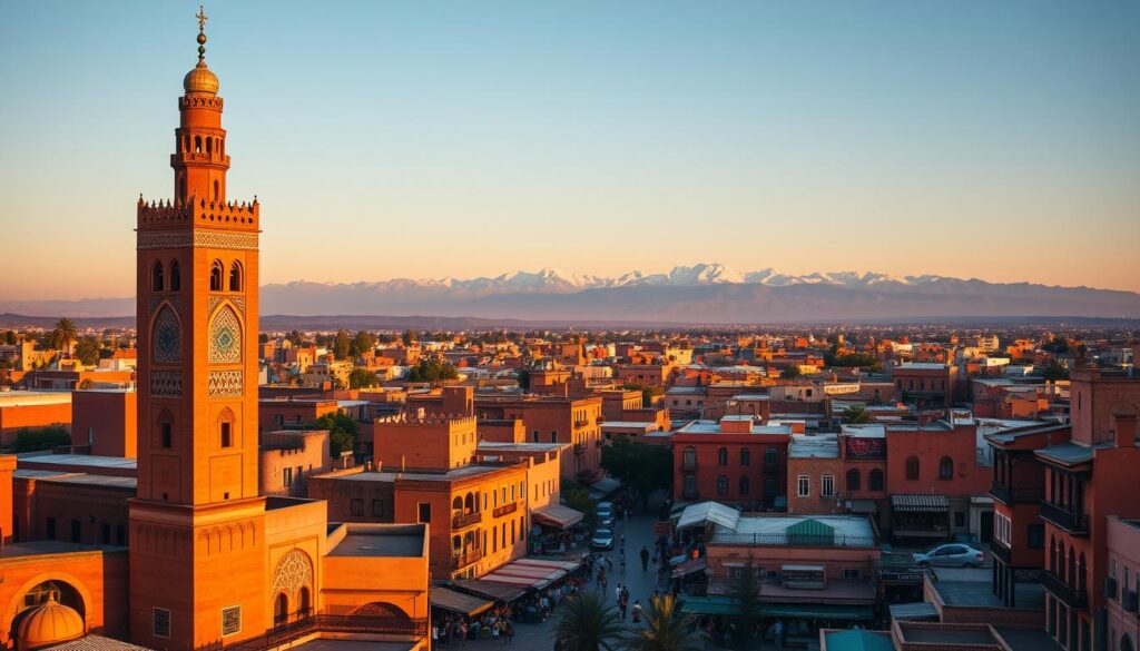 A bustling Marrakech cityscape, captured at golden hour. In the foreground, the iconic Koutoubia Mosque's towering minaret casts long shadows across the winding alleyways and vibrant markets below. Middle ground showcases the vibrant mosaic facades and intricate wooden balconies of traditional Moroccan architecture. In the distance, the snow-capped Atlas Mountains provide a dramatic backdrop, their peaks glowing under the warm evening light. The scene is infused with the rich hues of MyVisitMorocco - saffron, terracotta, and indigo, conveying the timeless, enchanting atmosphere of this legendary Moroccan city.