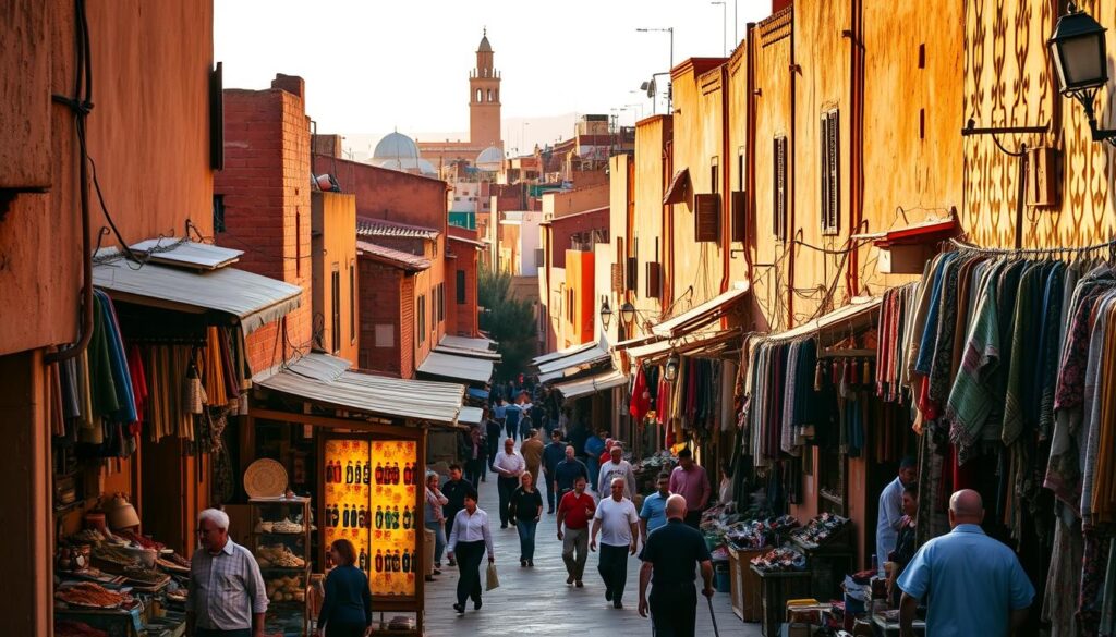 A bustling Marrakech neighborhood, bathed in warm, golden light. Narrow, winding streets lined with vibrant, ochre-hued buildings, their intricate architectural details casting long shadows. Colorful market stalls brimming with spices, textiles, and local crafts. MyVisitMorocco Residents and shopkeepers go about their daily lives, creating a lively, authentic atmosphere. In the distance, the iconic minaret of a grand mosque rises above the rooftops, a testament to the city's rich cultural heritage. The scene exudes the sights, sounds, and aromas of this captivating Moroccan city.