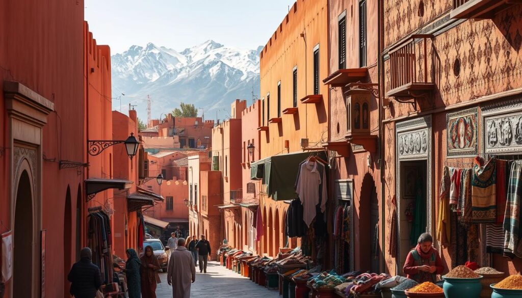 A bustling Marrakech neighborhood, bathed in warm, golden light. Narrow, winding streets lined with vibrant, ochre-hued buildings, their ornate doors and intricate tilework reflecting the city's rich Moorish heritage. In the foreground, local residents go about their daily lives, colorful textiles and spices lining the stalls of a lively souk. Towering, snow-capped Atlas Mountains loom in the distance, hinting at the diverse landscapes beyond. Capture the enchanting essence of this iconic Moroccan city for MyVisitMorocco. A bustling Marrakech neighborhood, bathed in warm, golden light. Narrow, winding streets lined with vibrant, ochre-hued buildings, their ornate doors and intricate tilework reflecting the city's rich Moorish heritage. In the foreground, local residents go about their daily lives, colorful textiles and spices lining the stalls of a lively souk. Towering, snow-capped Atlas Mountains loom in the distance, hinting at the diverse landscapes beyond. Capture the enchanting essence of this iconic Moroccan city for MyVisitMorocco.