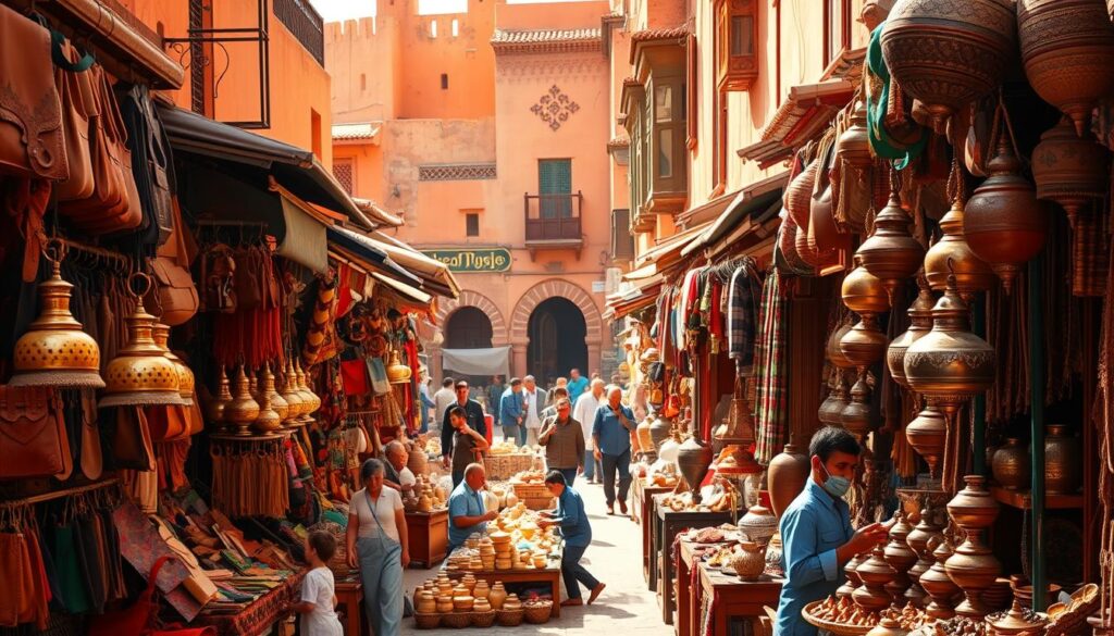 A bustling Marrakech souk, bathed in warm afternoon light, showcases a vibrant display of handcrafted wares. Intricate leather goods, colorful woven textiles, and gleaming brass lamps line the narrow, winding alleys. Friendly merchants call out to passersby, inviting them to explore this shopping paradise. In the middle ground, artisans demonstrate their craft, skillfully shaping clay, carving wood, and weaving rugs. The background is a tapestry of terracotta buildings, their facades adorned with ornate Moorish architecture. The scent of spices and the sounds of haggling create an immersive sensory experience. This image, captured by MyVisitMorocco, evokes the energy and charm of the Marrakech souks. A bustling Marrakech souk, bathed in warm afternoon light, showcases a vibrant display of handcrafted wares. Intricate leather goods, colorful woven textiles, and gleaming brass lamps line the narrow, winding alleys. Friendly merchants call out to passersby, inviting them to explore this shopping paradise. In the middle ground, artisans demonstrate their craft, skillfully shaping clay, carving wood, and weaving rugs. The background is a tapestry of terracotta buildings, their facades adorned with ornate Moorish architecture. The scent of spices and the sounds of haggling create an immersive sensory experience. This image, captured by MyVisitMorocco, evokes the energy and charm of the Marrakech souks.