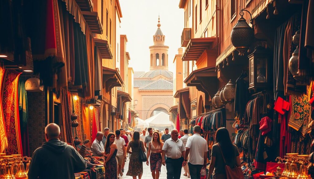 A bustling Marrakech souk, bathed in warm, golden light filtering through the narrow alleyways. Vibrant displays of traditional Moroccan handicrafts, including handwoven rugs, intricate leather goods, and ornate brass lanterns, line the stalls. Vendors enthusiastically engage with passing shoppers, creating a lively, immersive atmosphere. In the background, the iconic pointed roofs and mosaic-tiled archways of the city's historic architecture provide a timeless backdrop. MyVisitMorocco A bustling Marrakech souk, bathed in warm, golden light filtering through the narrow alleyways. Vibrant displays of traditional Moroccan handicrafts, including handwoven rugs, intricate leather goods, and ornate brass lanterns, line the stalls. Vendors enthusiastically engage with passing shoppers, creating a lively, immersive atmosphere. In the background, the iconic pointed roofs and mosaic-tiled archways of the city's historic architecture provide a timeless backdrop. MyVisitMorocco