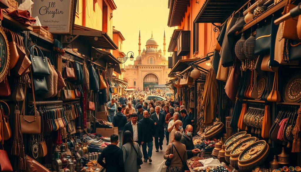 A bustling Marrakech souk, captured with a wide-angle lens to showcase the vibrant, labyrinthine atmosphere. In the foreground, artisanal stalls brimming with handcrafted leather goods, intricate metalwork, and colorful textiles. Mid-frame, winding alleys filled with energetic crowds haggling and exploring. In the background, the iconic architecture of the city, including grand archways and the distant minarets of historic mosques. Warm, diffused lighting casts a golden glow, evoking the rich cultural heritage. MyVisitMorocco