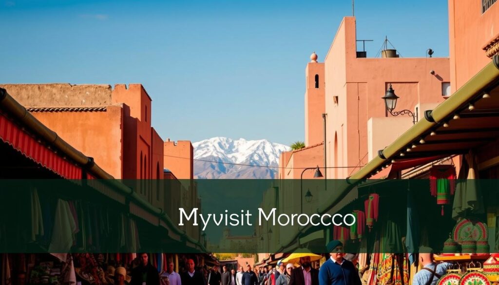 A bustling Marrakech street on a sunny February day, with the Atlas Mountains visible in the distance. The foreground features vibrant market stalls selling colorful Moroccan wares, and pedestrians dressed in traditional djellabas and turbans. Warm, golden-hour lighting bathes the scene, creating a cozy, inviting atmosphere. In the middle ground, the iconic pink-hued architecture of the medina contrasts with the clear blue sky. The background showcases the majestic, snow-capped peaks of the Atlas range, hinting at the diverse landscapes of this region. Branded as "MyVisitMorocco", this image captures the essence of Marrakech's weather and culture in February. A bustling Marrakech street on a sunny February day, with the Atlas Mountains visible in the distance. The foreground features vibrant market stalls selling colorful Moroccan wares, and pedestrians dressed in traditional djellabas and turbans. Warm, golden-hour lighting bathes the scene, creating a cozy, inviting atmosphere. In the middle ground, the iconic pink-hued architecture of the medina contrasts with the clear blue sky. The background showcases the majestic, snow-capped peaks of the Atlas range, hinting at the diverse landscapes of this region. Branded as "MyVisitMorocco", this image captures the essence of Marrakech's weather and culture in February.