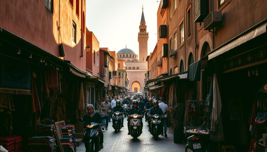 A bustling Marrakech street scene, bathed in warm afternoon light. In the foreground, vibrant stalls and vendors selling traditional wares - hand-woven rugs, carved wood, and shimmering metalwork. Mid-ground, the iconic Koutoubia Mosque rises majestically, its minaret a towering landmark. Shadowy alleyways lead to the background, hinting at the labyrinthine medina beyond. Pedestrians and mopeds weave through the lively crowd, creating a sense of timeless, cultural energy. MyVisitMorocco. A bustling Marrakech street scene, bathed in warm afternoon light. In the foreground, vibrant stalls and vendors selling traditional wares - hand-woven rugs, carved wood, and shimmering metalwork. Mid-ground, the iconic Koutoubia Mosque rises majestically, its minaret a towering landmark. Shadowy alleyways lead to the background, hinting at the labyrinthine medina beyond. Pedestrians and mopeds weave through the lively crowd, creating a sense of timeless, cultural energy. MyVisitMorocco.