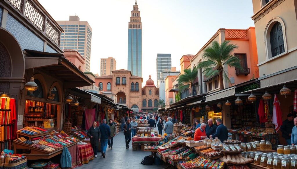 A bustling Moroccan-American marketplace in a vibrant urban setting. In the foreground, colorful displays of traditional textiles, spices, and crafts invite exploration. The middle ground features a mix of Moroccan and American architectural styles, with intricate tiled facades and towering skyscrapers. In the background, a clear sky frames the scene, bathed in warm, golden light. MyVisitMorocco A bustling Moroccan-American marketplace in a vibrant urban setting. In the foreground, colorful displays of traditional textiles, spices, and crafts invite exploration. The middle ground features a mix of Moroccan and American architectural styles, with intricate tiled facades and towering skyscrapers. In the background, a clear sky frames the scene, bathed in warm, golden light. MyVisitMorocco