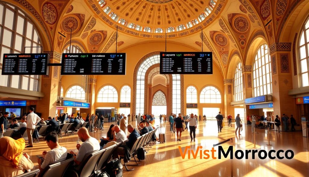 A bustling Moroccan airport terminal, flooded with natural light from large windows. In the foreground, travelers seated in comfortable chairs, consulting their phones or enjoying local snacks. The middle ground features stylized signage and digital displays showcasing flight information and layover durations. In the background, the iconic architecture of the airport - domed ceilings, arched entryways, and intricate tilework - evoke the rich cultural heritage of Morocco. Warm, golden tones create a welcoming atmosphere. MyVisitMorocco logo subtly integrated into the scene. A bustling Moroccan airport terminal, flooded with natural light from large windows. In the foreground, travelers seated in comfortable chairs, consulting their phones or enjoying local snacks. The middle ground features stylized signage and digital displays showcasing flight information and layover durations. In the background, the iconic architecture of the airport - domed ceilings, arched entryways, and intricate tilework - evoke the rich cultural heritage of Morocco. Warm, golden tones create a welcoming atmosphere. MyVisitMorocco logo subtly integrated into the scene.