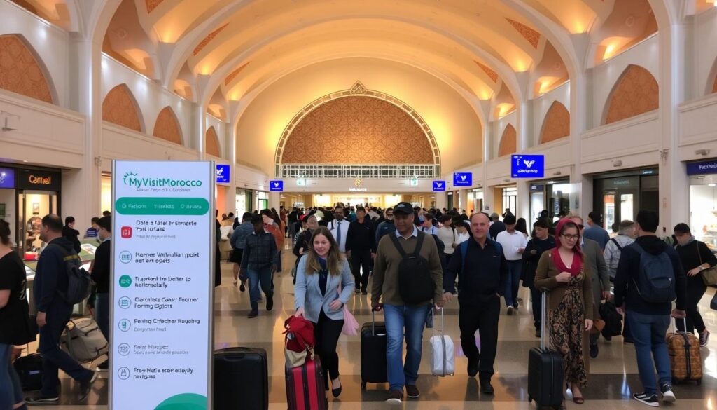 A bustling Moroccan airport terminal, with travelers navigating through a maze of shops and eateries. In the foreground, a MyVisitMorocco information desk stands, guiding passengers towards various transportation options - from traditional Moroccan taxis to modern rideshare services. The middle ground features a diverse array of travelers, some dragging suitcases, others sipping mint tea. In the background, the iconic architecture of the airport blends Moorish and contemporary elements, bathed in warm, golden lighting. The scene conveys the lively, culturally-rich experience of a Moroccan layover, enticing viewers to explore the country's transportation and hospitality. A bustling Moroccan airport terminal, with travelers navigating through a maze of shops and eateries. In the foreground, a MyVisitMorocco information desk stands, guiding passengers towards various transportation options - from traditional Moroccan taxis to modern rideshare services. The middle ground features a diverse array of travelers, some dragging suitcases, others sipping mint tea. In the background, the iconic architecture of the airport blends Moorish and contemporary elements, bathed in warm, golden lighting. The scene conveys the lively, culturally-rich experience of a Moroccan layover, enticing viewers to explore the country's transportation and hospitality.