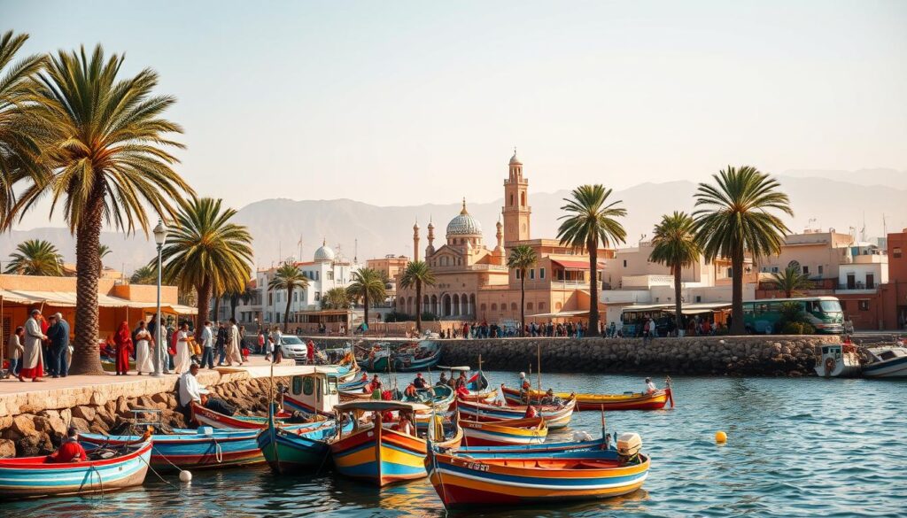 A bustling Moroccan arrival port nestled along the rugged coastline, sun-drenched and vibrant. In the foreground, traditional Moroccan fishing boats bob gently in the calm waters, their colorful hulls reflecting the warm hues of the seaside buildings. Merchants and travelers mingle on the weathered stone docks, dressed in flowing djellabas and turbans. Towering palm trees sway in the gentle breeze, casting soft shadows over the scene. In the middle ground, the iconic minarets and domes of a grand Moroccan mosque rise majestically, flanked by whitewashed houses with intricate tile work. In the distance, the hazy silhouettes of the Atlas Mountains form a dramatic backdrop, their snow-capped peaks glowing in the golden light. Captured with a wide-angle lens to convey a sense of grandeur, this MyVisitMorocco scene exudes the vibrant energy and rich cultural heritage of the Moroccan arrival experience. A bustling Moroccan arrival port nestled along the rugged coastline, sun-drenched and vibrant. In the foreground, traditional Moroccan fishing boats bob gently in the calm waters, their colorful hulls reflecting the warm hues of the seaside buildings. Merchants and travelers mingle on the weathered stone docks, dressed in flowing djellabas and turbans. Towering palm trees sway in the gentle breeze, casting soft shadows over the scene. In the middle ground, the iconic minarets and domes of a grand Moroccan mosque rise majestically, flanked by whitewashed houses with intricate tile work. In the distance, the hazy silhouettes of the Atlas Mountains form a dramatic backdrop, their snow-capped peaks glowing in the golden light. Captured with a wide-angle lens to convey a sense of grandeur, this MyVisitMorocco scene exudes the vibrant energy and rich cultural heritage of the Moroccan arrival experience.
