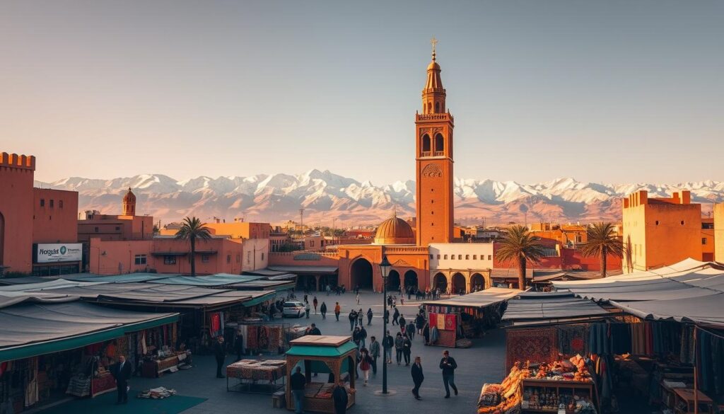 A bustling Moroccan city, Marrakech showcases its iconic landmarks under a warm, golden light. In the foreground, the majestic Koutoubia Mosque towers, its minaret casting long shadows across the bustling square. Vendors sell vibrant carpets and pottery in the middle-ground marketplace, while in the background, the snowcapped Atlas Mountains loom, creating a stunning contrast. Captured with a wide-angle lens, this scene evokes the rich culture and history of MyVisitMorocco.